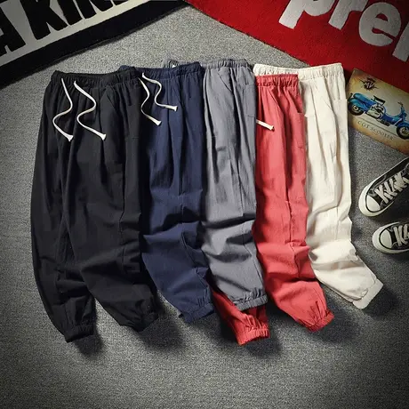 中国风春夏季薄款棉麻裤宽松大码休闲亚麻裤男小脚束脚裤九分裤子商品大图