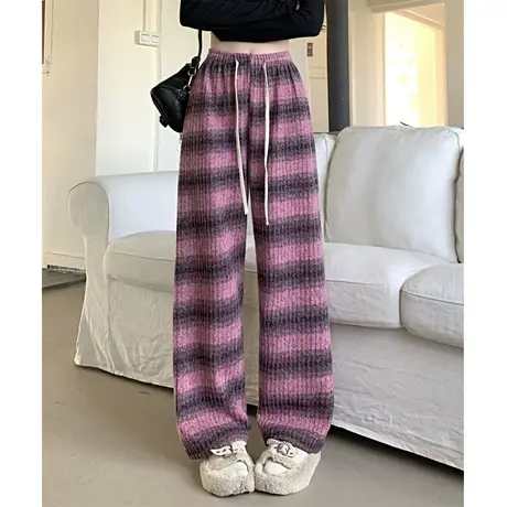 条纹提花春夏季2024新款时尚休闲针织抽绳高腰垂感阔腿裤女图片