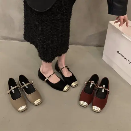 玛丽珍女鞋红色婚鞋平底方头乐福豆豆法式温柔配裙子鞋小香风单鞋商品大图