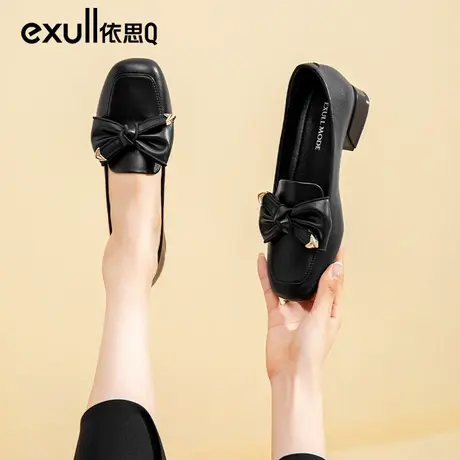 依思q乐福鞋女2023早春新款通勤单鞋蝴蝶结黑色小皮鞋软底豆豆鞋商品大图