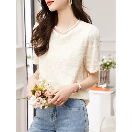 时尚气质圆领短袖衬衫2023年夏季新款淑女温柔甜美修身显瘦上衣商品大图