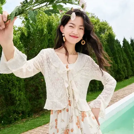 时尚气质长袖披肩外套2023年夏季新款女温柔甜美显瘦通勤V领上衣图片