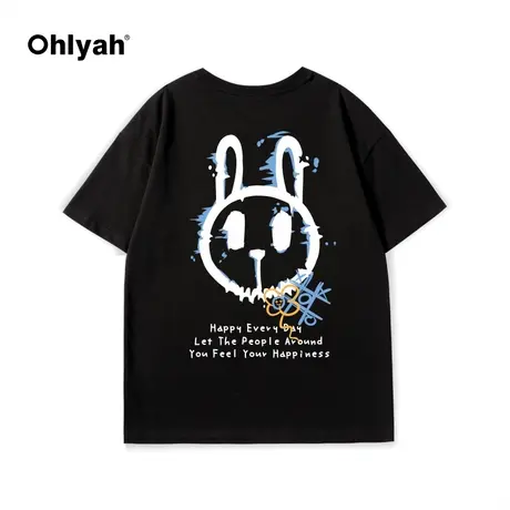Ohlyah潮牌t恤女夏季宽松oversize后背卡通小兔印花情侣同款短袖商品大图