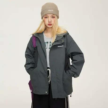 复古户外冲锋衣女春秋2023新款拼接连帽运动外套潮牌宽松夹克上衣商品大图