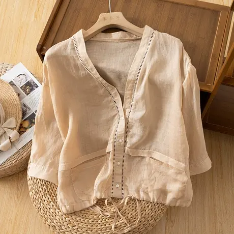 享永子七分袖苎麻短外套女文艺复古薄款棉麻小衫上衣2023夏季新款图片