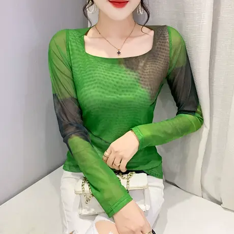 扎染印花上衣女2023春秋新款性感网纱打底衫露锁骨方领T恤女长袖商品大图