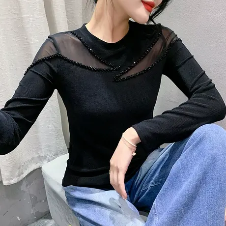 欧货网纱拼接上衣女长袖洋气钉珠内搭打底衫纯色百搭圆领T恤秋装商品大图