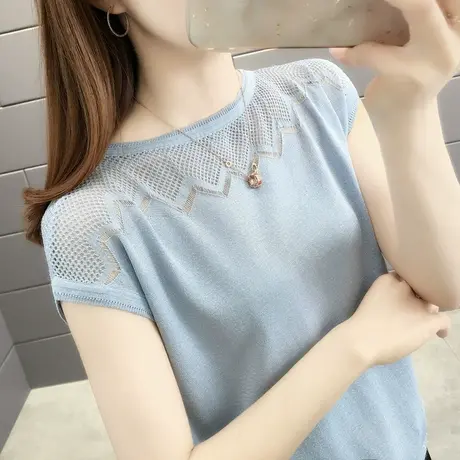 冰丝短袖t恤女镂空宽松针织衫女2022春夏新款短款ins潮上衣体恤女商品大图