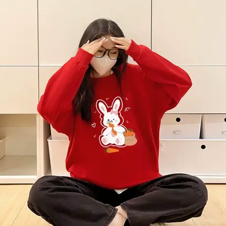 兔年本命年衣服红色女装时尚2023新款上衣冬季过新年喜庆加绒卫衣商品大图