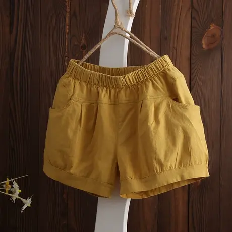 文艺棉麻短裤女夏季新款宽松显瘦松紧腰热裤纯色休闲灯笼裤女商品大图