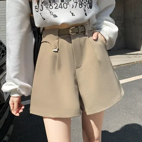卡其色网红爆款西装短裤女2022秋冬季新款高腰a字阔腿外穿靴裤子图片