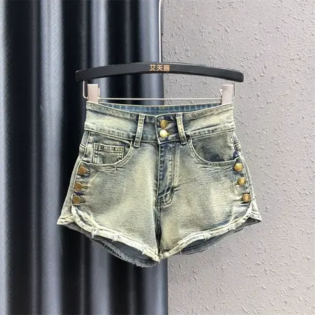 复古怀旧金扣设计感a字阔腿裤女夏新款宽松显瘦高腰破洞牛仔短裤商品大图