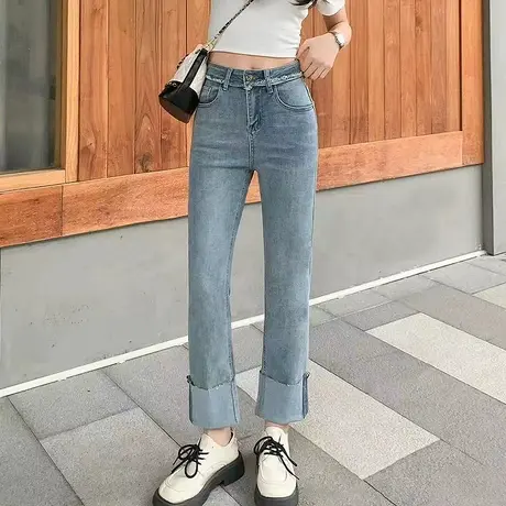 直筒裤垂感高级感牛仔女士春秋2023年新款修身显瘦复古卷边烟管裤图片