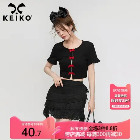 蝴蝶结扎花圆领短袖上衣女辣妹露脐2023夏设计感短款修身正肩t恤商品大图