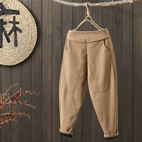 枫谜2022冬季新款文艺复古松紧腰宽松休闲百搭加厚纯色哈伦裤图片