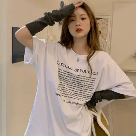 美式复古短袖t恤女大码宽松韩版ins半袖设计感小众chic港味上衣服商品大图