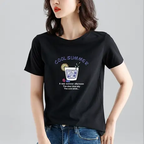 短袖t恤女宽松纯棉内搭大码胖MM上衣2022年新款夏装ins潮黑色半袖商品大图