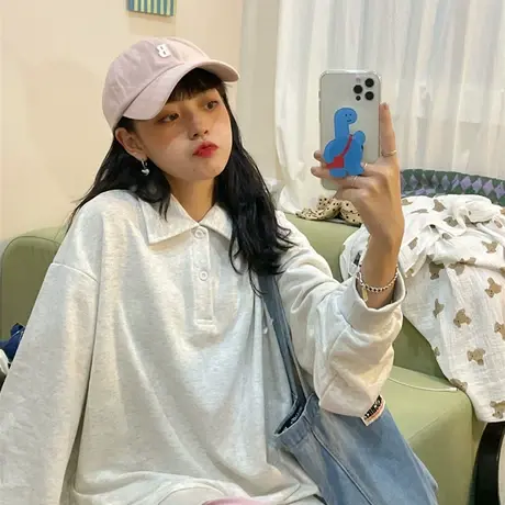 红续翻领长袖卫衣polo衫女简约纯色百搭上衣韩版休闲慵懒风ins潮图片