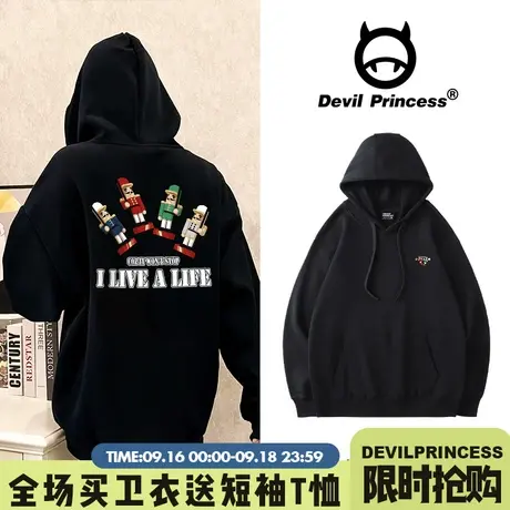 ulzzang小众卡通ins潮牌黑色卫衣女宽松古着感炸街超火帽衫外套厚商品大图