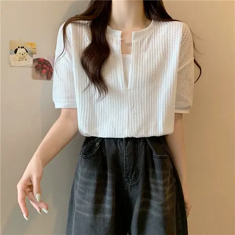假两件华夫格半袖T恤女夏韩版宽松显瘦百搭小众别致chic上衣短款商品大图