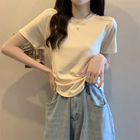 鱼骨纯欲风短袖t恤女夏季2023新款减龄修身显瘦正肩短款上衣别致图片