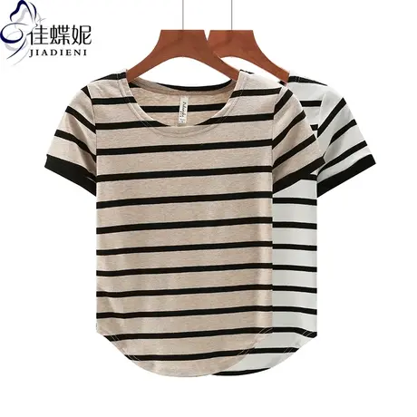 夏季新款韩版圆领纯棉修身条纹下摆圆弧纯欲短袖体恤上衣内搭女装图片