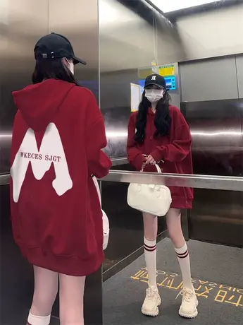 酒红色卫衣女秋冬宽松慵懒风oversize小众设计感加绒加厚连帽外套图片