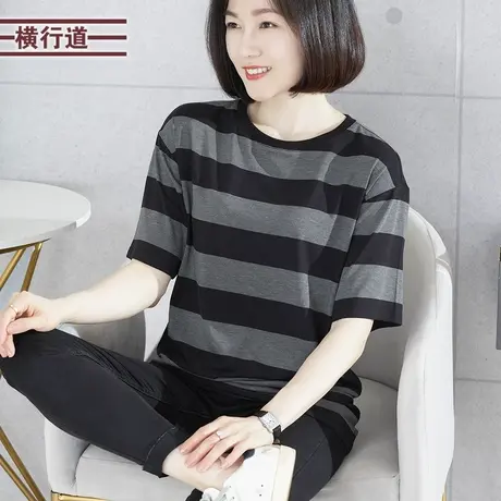 圆领宽松条纹短袖T恤女装2023新款夏装休闲海军风上衣服外穿大码商品大图