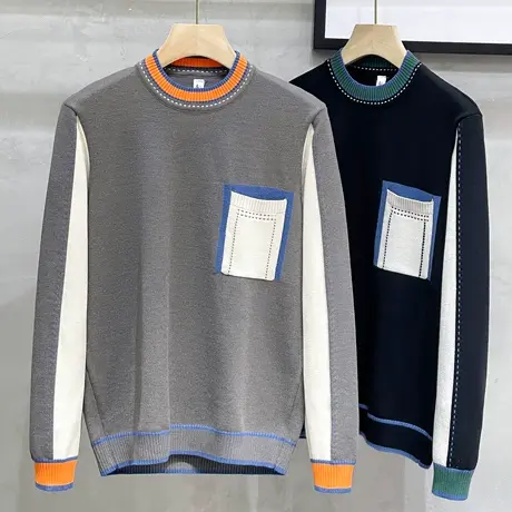 2023秋冬季新款学院风针织衫撞色拼接毛衫时尚休闲圆领套头毛衣男商品大图