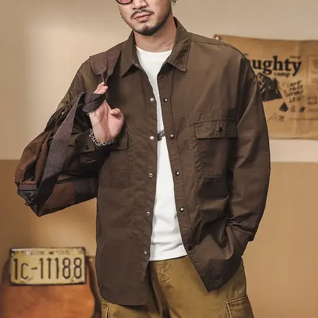 百搭长袖工装衬衫外套男春秋纯色时尚教练服春秋季男士衬衫图片