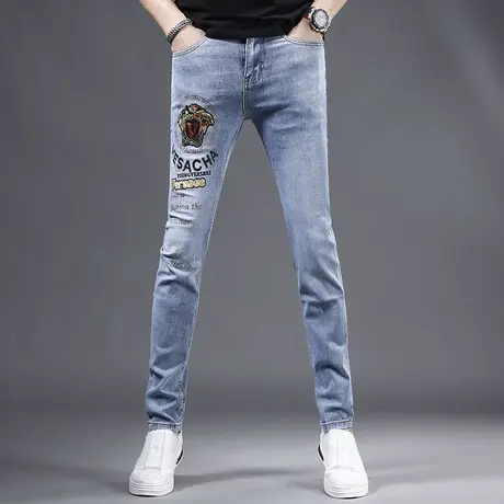 2023新款潮牌刺绣牛仔裤男款修身小脚春夏季薄款蓝色弹力男士裤子商品大图