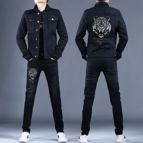 秋冬黑色休闲牛仔套装男高端潮牌夹克外套上衣男2022新款烫钻男款图片