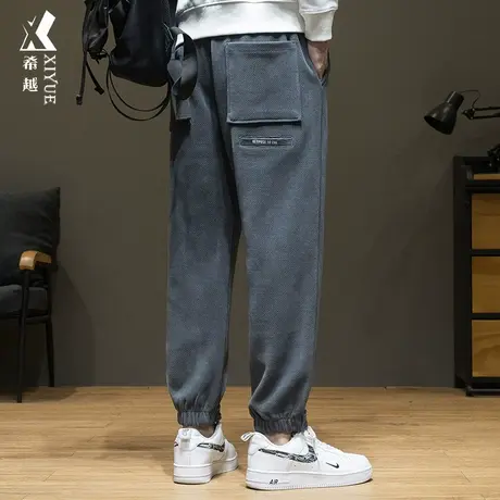 希越秋季欧棉绒休闲裤男款字母徽章束脚长裤宽松大码胖子百搭男裤商品大图