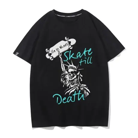 恶搞自由女神像骷髅户外滑板街头潮打底衫半袖纯棉T恤男宽松短袖商品大图