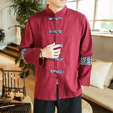 复古风亚麻唐装男长袖外套立领中山装青年宽松中式盘扣男装秋冬款商品大图