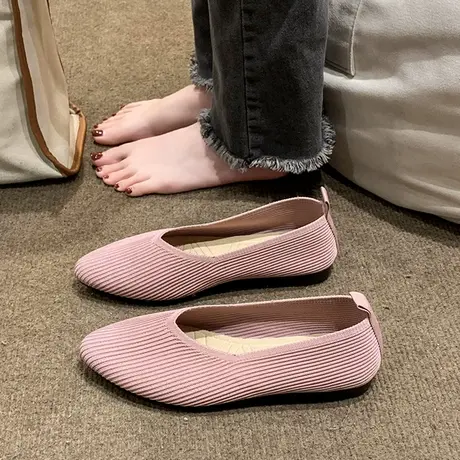 针织单鞋女款尖头软底一脚蹬豆豆鞋2023春夏季新款透气不累脚布鞋商品大图