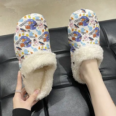 防水洞洞鞋女秋冬季室内外穿可爱宇航小熊防滑加绒保暖包头棉拖鞋商品大图