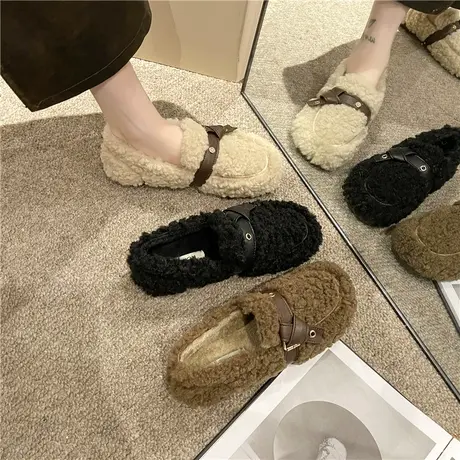 复古平底羊羔毛毛鞋女2024新款加绒豆豆鞋柔软休闲小棉鞋外穿百搭商品大图