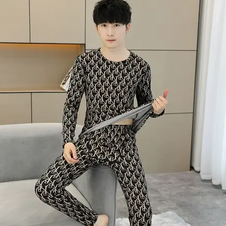 2023秋冬新款男士德绒保暖内衣套装双面绒秋衣秋裤潮流印花两件套商品大图