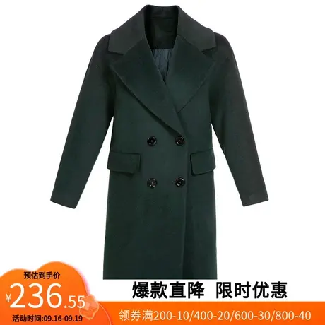 【艾格】2022冬季新款chic羊毛呢大衣女双排扣口袋长袖加厚呢外套图片