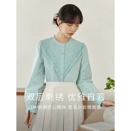 茵曼法式浪漫衬衣2023秋女装新款双层刺绣圆领长袖显瘦百搭上衣商品大图