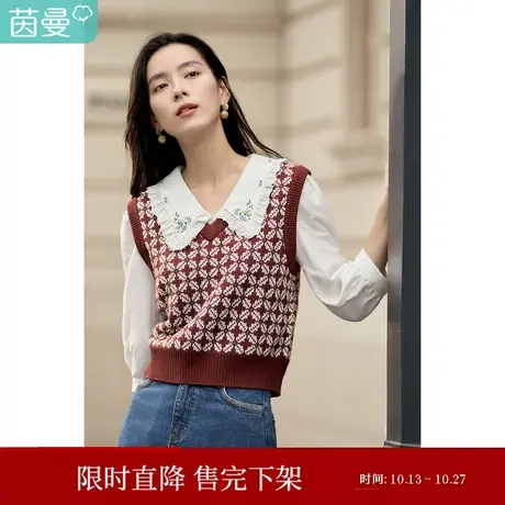 茵曼棋盘格马甲背心毛衣女士2023年春季新款复古套头外穿马夹针织图片