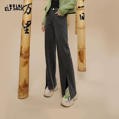 妖精的口袋灰色开叉牛仔裤女2022秋季新款微喇裤宽松直筒显瘦裤子图片