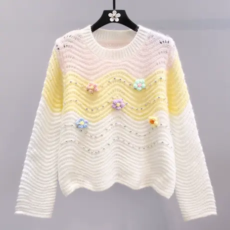 波纹花朵短款毛衣女秋冬2023新款日系甜美洋气宽松套头针织衫上衣商品大图