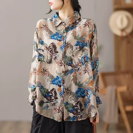 dza 复古薄款亚麻上衣女士气质衬衣春夏2022新款漂亮开衫棉麻衬衫图片