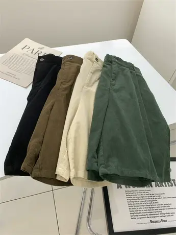 半松紧高腰灯芯绒短裤女秋冬季宽松休闲复古百搭显瘦阔腿五分中裤图片