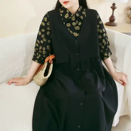 胖妹妹夏季设计感气质黑V领背心裙加大码2023新款宽松显瘦背带裙商品大图