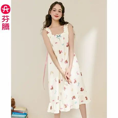芬腾吊带睡裙女夏季薄款睡衣裙甜美少女可爱布朗熊休闲家居裙中裙图片