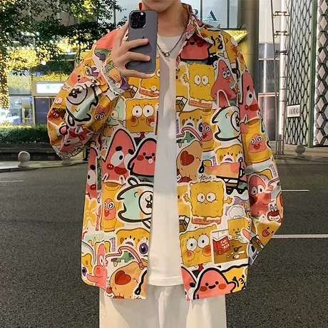 长袖衬衫男潮牌春秋季宽松高街oversize卡通港风休闲男生衬衣外套商品大图