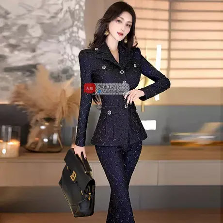 VJE春秋季欧美气质减龄职业正装新款小西服高腰喇叭裤两件套图片